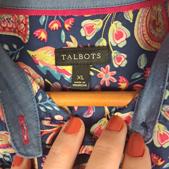 Talbots Women's Blue Pink Paisley Button Front Cotton Shirt Blouse Sz XL - Picture 2 of 10